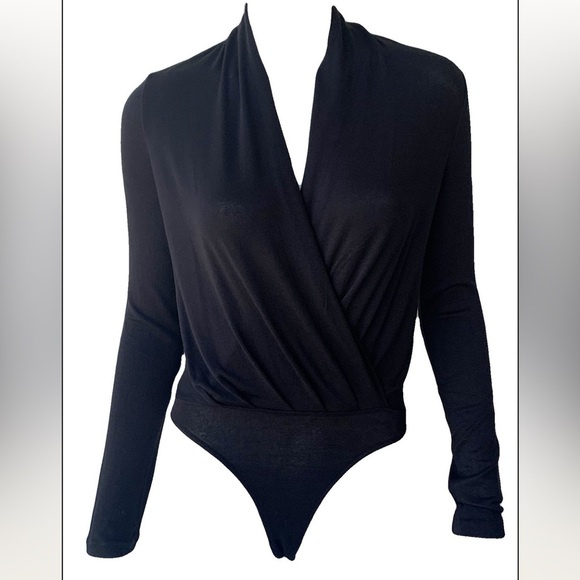 Vince Long Sleeve Crossover Bodysuit in Black - Picture 2 of 12